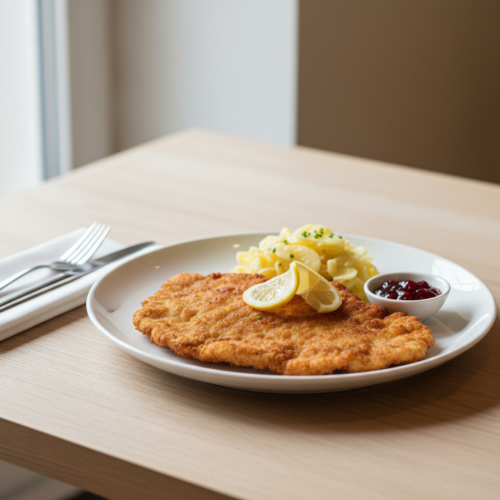 Wiener Schnitzel mit Zitronenscheibe und Kartoffelsalat