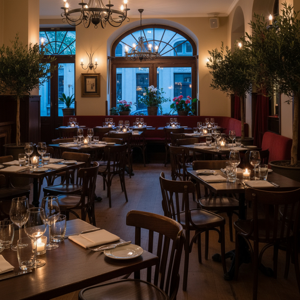Warmer Gastraum im Ledota Vienna Bistro mit gedeckten Tischen