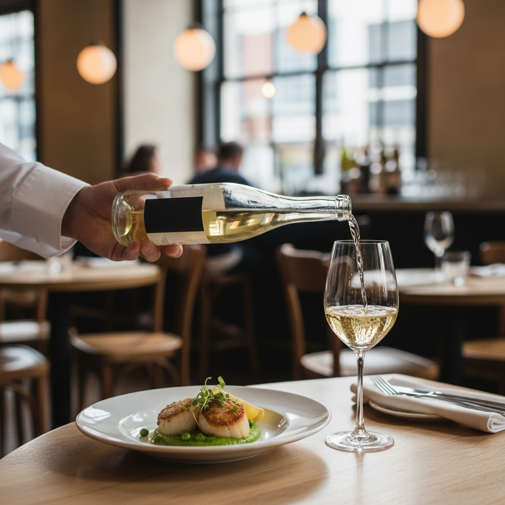 Sommelier schenkt Weißwein zum passenden Gericht ein